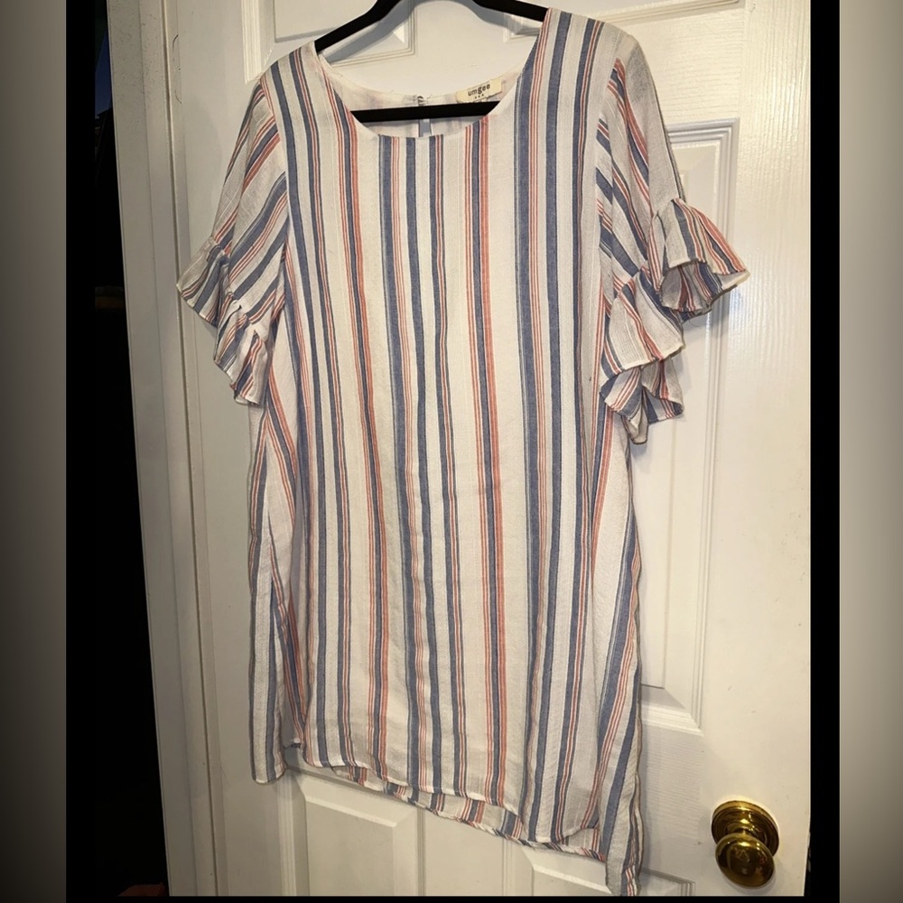 Umgee M Mini Dress tunic Womens Stripe Blue Red White ruffle sleeve